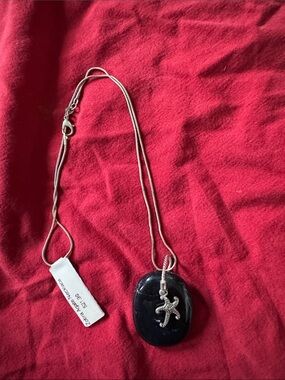 Zobra Agate Silver Chain Necklace with Black Pendant and Starfish Accent